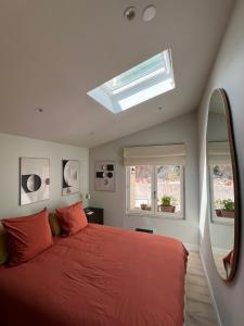 a bedroom with a red bed and a skylight at DURANCE in La Brillanne +61 photos