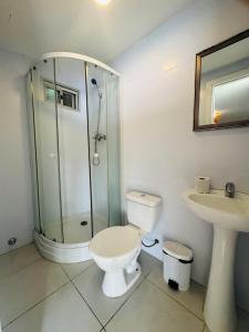 a bathroom with a shower and a toilet and a sink at Posada CASA in Punta del Este