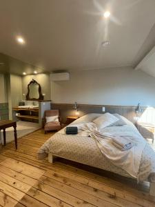 a bedroom with a large bed and a mirror at A la terre ferme in Arnac-la-Poste