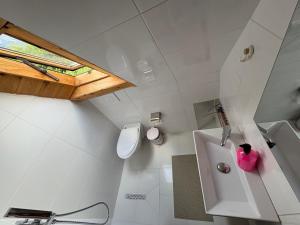 a white bathroom with a toilet and a sink at Nini Guesthouse Theth in Theth +86 photos