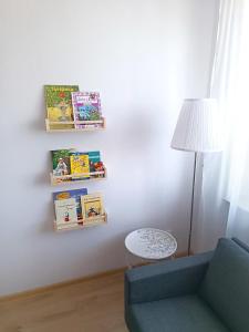 a living room with a blue couch and books on a wall at Royal Nest Apartment Sandomierz in Sandomierz