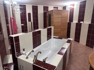 a bathroom with a bath tub with black and white tiles at Оксамитове ретро in Ternopil