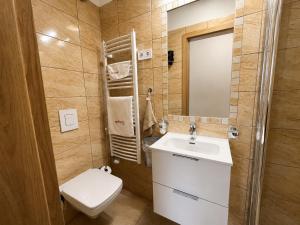 a bathroom with a sink and a toilet and a mirror at Platán Panzió in Dobogoko +24 photos