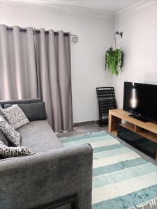 a living room with a couch and a television at The Room Above in Brackenfell