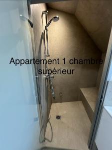 a shower in a bathroom with a glass door at Gîte du Flot - Baie de Somme in Boismont +14 photos