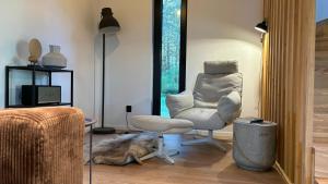 a living room with a chair and a dog laying on the floor at Forest Cabin Modern Barn and Private Woods in Jamielnik