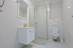 a white bathroom with a shower and a toilet at Tuzla Tower in Ši Selo +11 photos