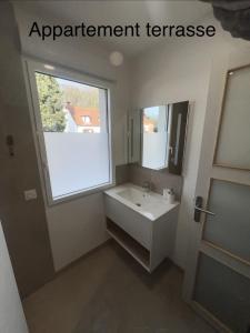 a bathroom with a white sink and a window at Gîte du Flot - Baie de Somme in Boismont