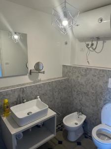 a bathroom with a sink and a toilet and a mirror at Lungarno Suite in Pisa