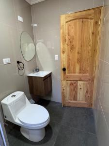 a bathroom with a toilet and a wooden door at Cabañas Puchuman Lican Ray in Licán Ray +23 photos