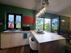 a kitchen with green walls and a large island with a counter at Casa Rosa Istria in Kućibreg