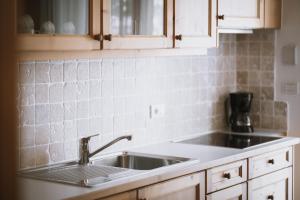 a kitchen with a sink and a counter top at Appartement & Hotel Innerhofer in Gais +18 photos