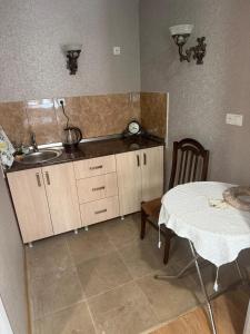 a kitchen with a table and a sink and a table and chair at Heart of Mtskheta Studio Apartment in Mtskheta