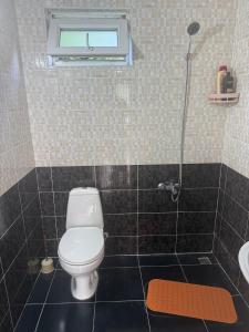 a bathroom with a white toilet and a shower at Heart of Mtskheta Studio Apartment in Mtskheta