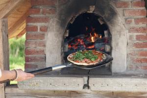 a person holding a pizza in a brick oven at Huisje Smuk Huske nabij het water in Friesland met hottub in Echtenerbrug