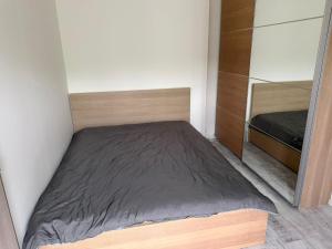 a small bedroom with a bed and a mirror at Apartman VIKY in Bartovice