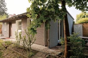 a small house with a tree in front of it at Ferienhaus Himmelblau in Waldsieversdorf