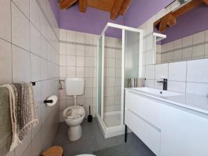a white bathroom with a toilet and a sink at Apartment Rosa Istria in Buje +16 photos