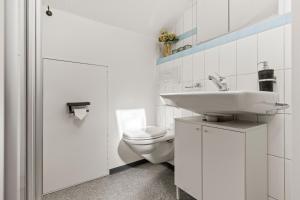 a white bathroom with a sink and a toilet at peaceful tiny house near forest in Rorschacherberg
