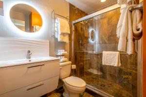 a bathroom with a shower and a toilet and a sink at The Woods 8 in Copper Mountain