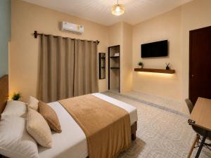 a bedroom with a bed and a desk and a television at Suites Puerto 201 in Veracruz
