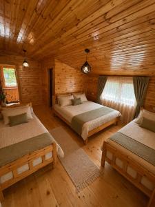 a bedroom with two beds in a log cabin at Ioane's Chalet in Mestia