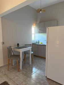 a kitchen with a table and chairs and a refrigerator at The Beach House in Vasilika