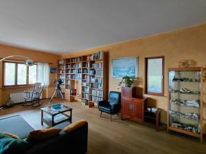 a living room with a couch and bookshelves at B&B Tramonti sull'Adriatico in Muggia