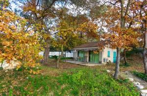 a small house with a green door in the woods at Maison confortable à Velleron de 50 m² avec piscine in Velleron +19 photos