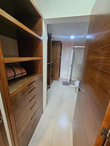 a walk in closet with wooden cabinets and a door at Singular Sócrates in Mexico City