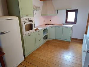 eine Küche mit grünen Schränken und einem weißen Kühlschrank in der Unterkunft Sweet Dalia in Molvice