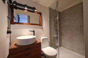 a bathroom with a toilet and a sink and a shower at Siedlisko Bartek domki na Kaszubach nad jeziorem Mausz in Sulęczyno +20 photos