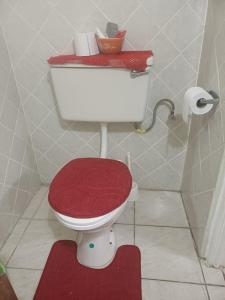 a bathroom with a toilet with a red seat at PeachBloom Terrace Inn in Saint Georgeʼs +13 photos