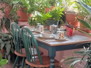 a table with a plate of food on it with plants at PeachBloom Terrace Inn in Saint Georgeʼs