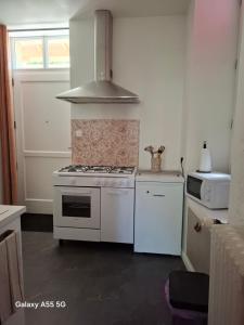 a kitchen with a white stove and a sink at Ty Méluzhine in Huelgoat