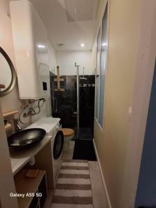 a bathroom with a shower and a sink and a toilet at Ty Méluzhine in Huelgoat
