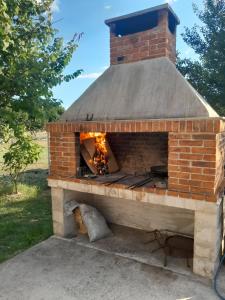 a brick oven with a fire inside of it at Apartman Maga 2 in Gnjilišta