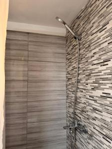 a shower in a bathroom with a brick wall at The Stone Loft in Arfará +12 photos