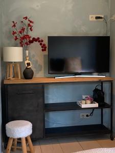 a entertainment center with a tv and a stool at Stee 23 in Hertsberge