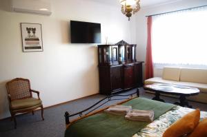 a bedroom with a bed and a couch and a tv at Laskowy Sad pokoje gościnne agroturystyka in Wieniec