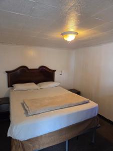 a bedroom with a bed with a light on the ceiling at Huntingdon Inn in Irwin