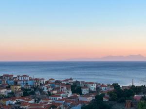 a view of a town with the ocean in the background at Aegean View House Plomari in Plomari