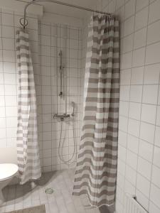 a bathroom with a shower with a shower curtain at Walhalla Kuhala apartment in Forssa