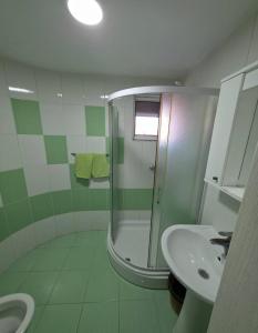 a green and white bathroom with a shower and a sink at Deskom Zelena Vila in Veliko Gradište +20 photos