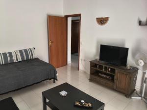 a living room with a couch and a flat screen tv at Hibiscus Green Apartments in Afantou