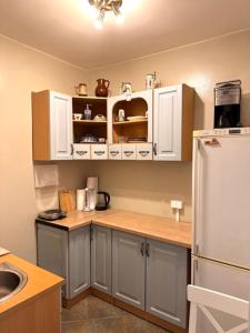 a kitchen with white cabinets and a refrigerator at Pottery Town Center Apartment in Bolesławiec