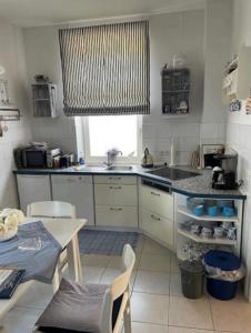 a kitchen with a sink and a table in it at Ferienwohnung Lykos in Süderbrarup