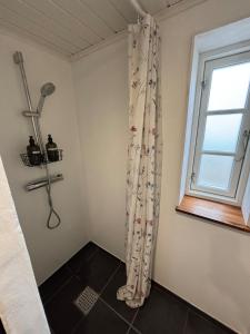 a bathroom with a shower curtain and a window at Cabin by Gáansá in Sandavágur +49 photos