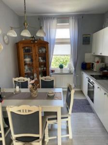 a kitchen with a table and chairs in a kitchen at Ferienwohnung Lykos in Süderbrarup