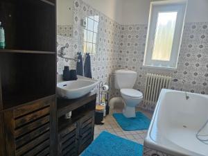 a bathroom with a white sink and a toilet at Privát ANAMON Gaštanová in Kežmarok +24 photos